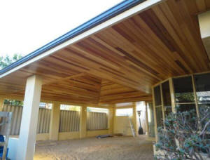 Cedar Timber Lined Ceiling in Perth WA. Large expanse of real cedar wood ceiling.
