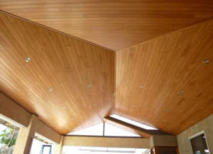 Cedar finish Glosswood lined ceiling. The angles of the ceiling present no problems for us. It is simply a day's wors (or so!)